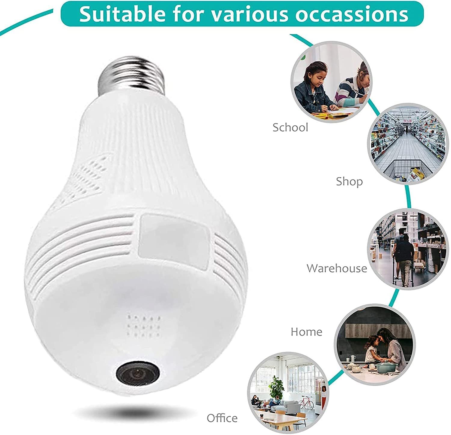 Bulb Wireless, WiFi Security Camera, Full HD Video And Audio Recording, 360 Degrees Panoramic View for Home, Office, Surveillance, Live View/Motion